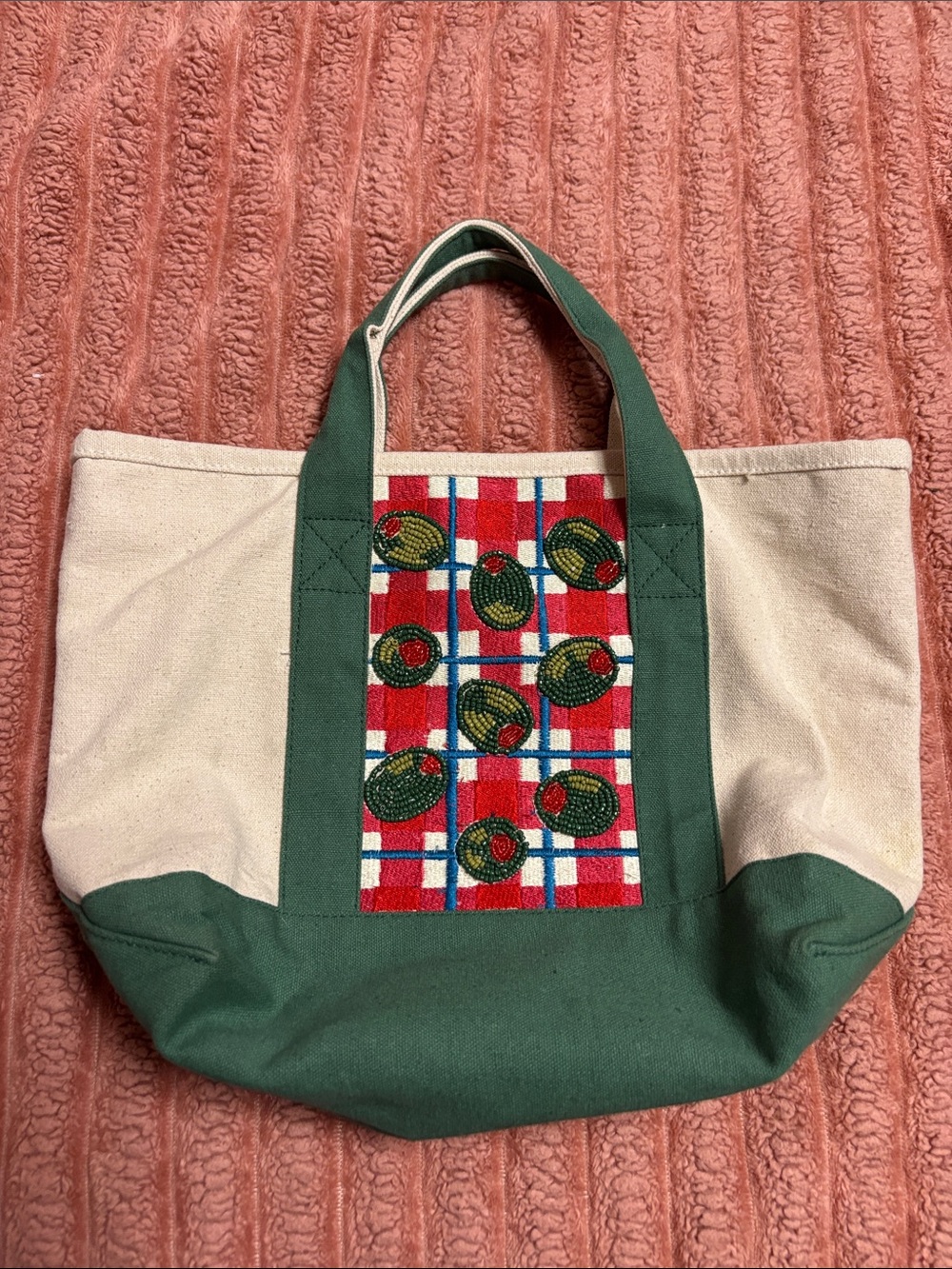 Canvas Tote Bag with Green Trim and Red Plaid Panel
